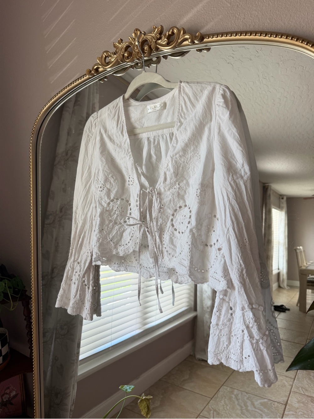White Eyelet Tie-Front Peasant Blouse